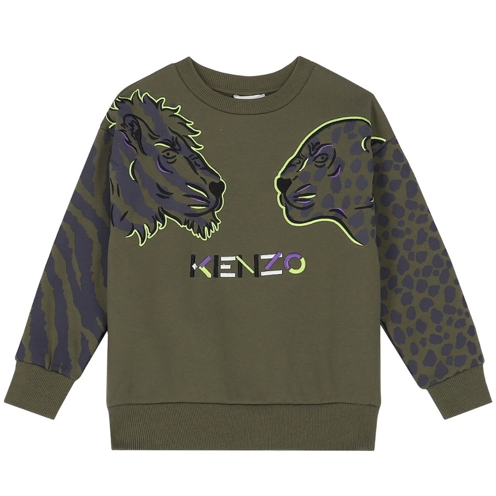 KENZO KIDS Boys Khaki Logo Sweatshirt Size 6 Embroidered TIger